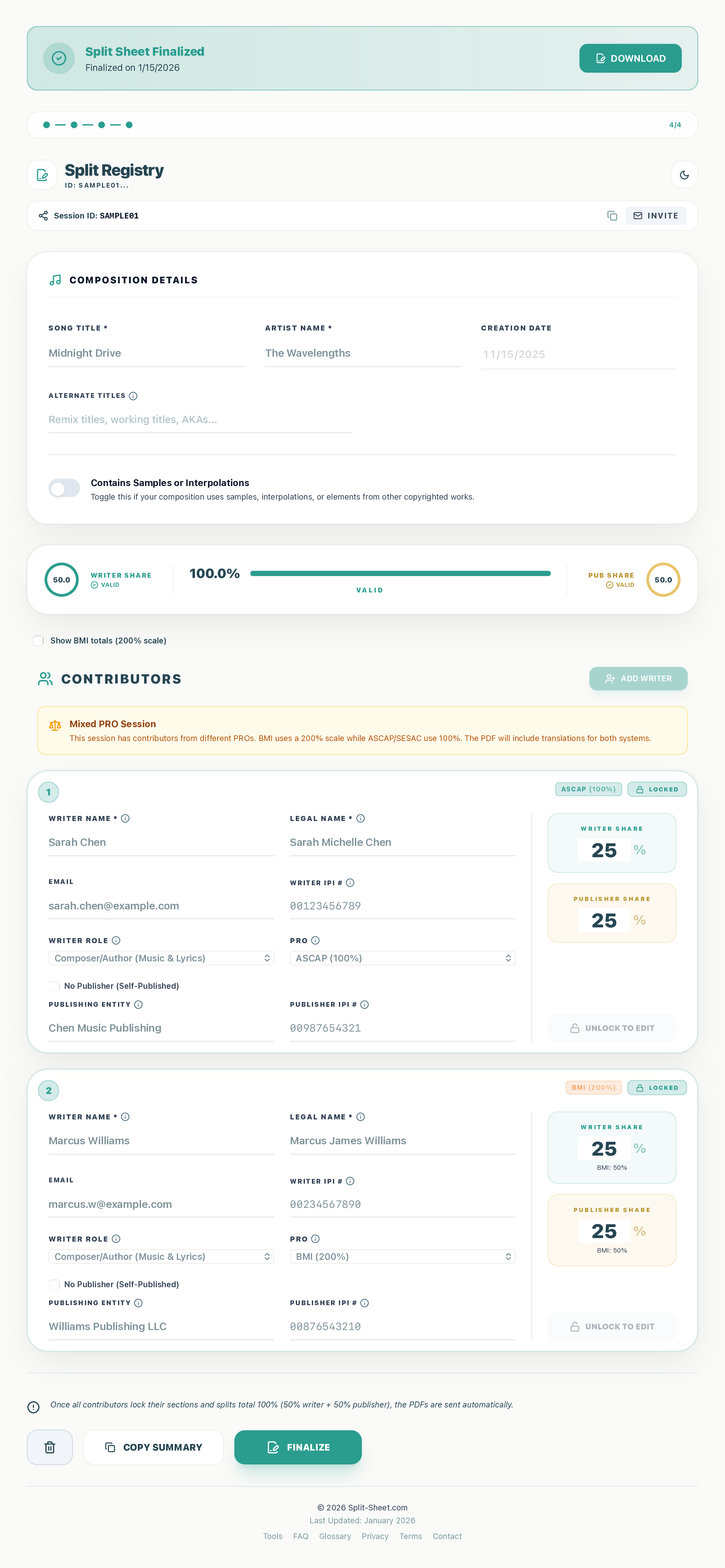 Preview of the split sheet form